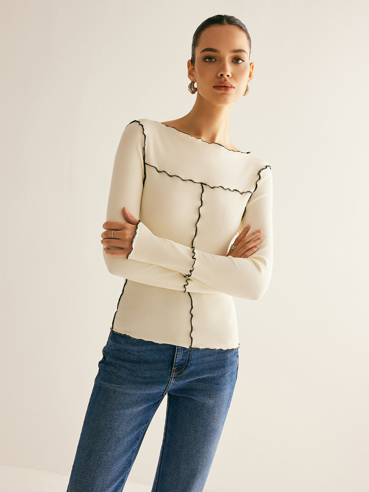 Damen Langarmshirt Baumwolle Lyocell Slim Fit mit Lettuce Trim
