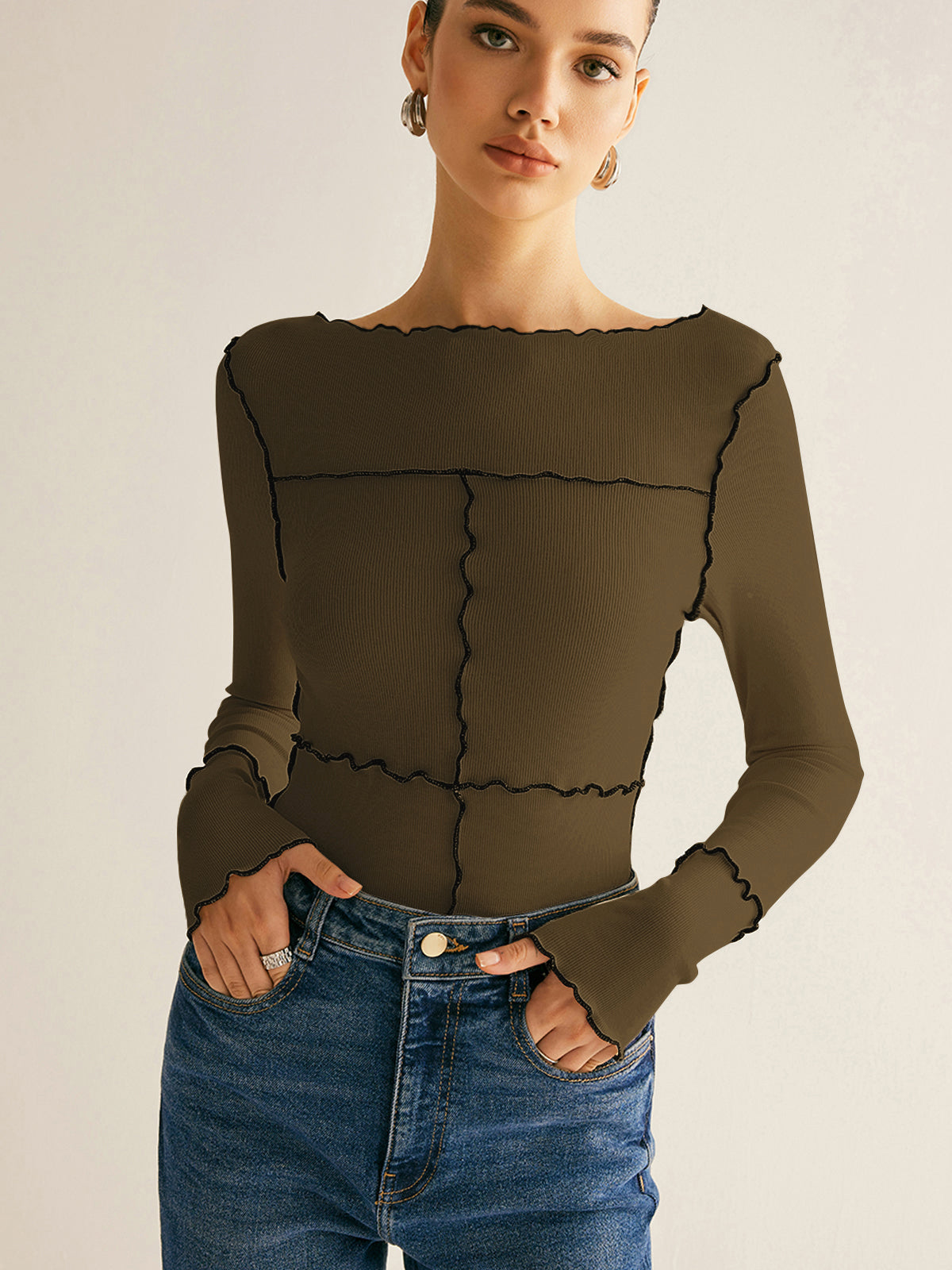Damen Langarmshirt Baumwolle Lyocell Slim Fit mit Lettuce Trim