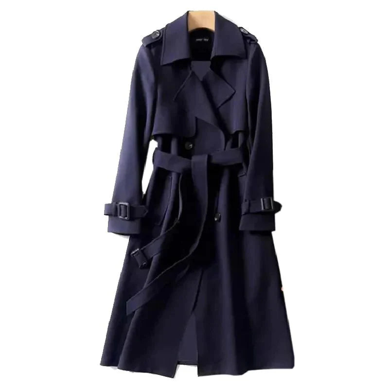 Langer Damen Trenchcoat schwarz – eleganter Mantel mit Gürtel