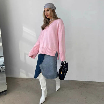 Damen Pullover V-Ausschnitt Baumwolle Lässig