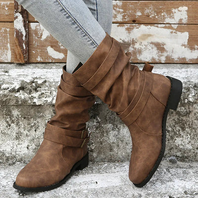 Damen Stiefel Mittlere Wadenhöhe mit Schnallendetails und Niedrigem Absatz