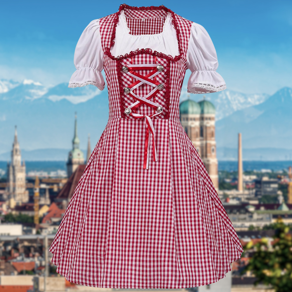 Damen Trachtenkleid Baumwolle Traditionell Karomuster mit Rüschen