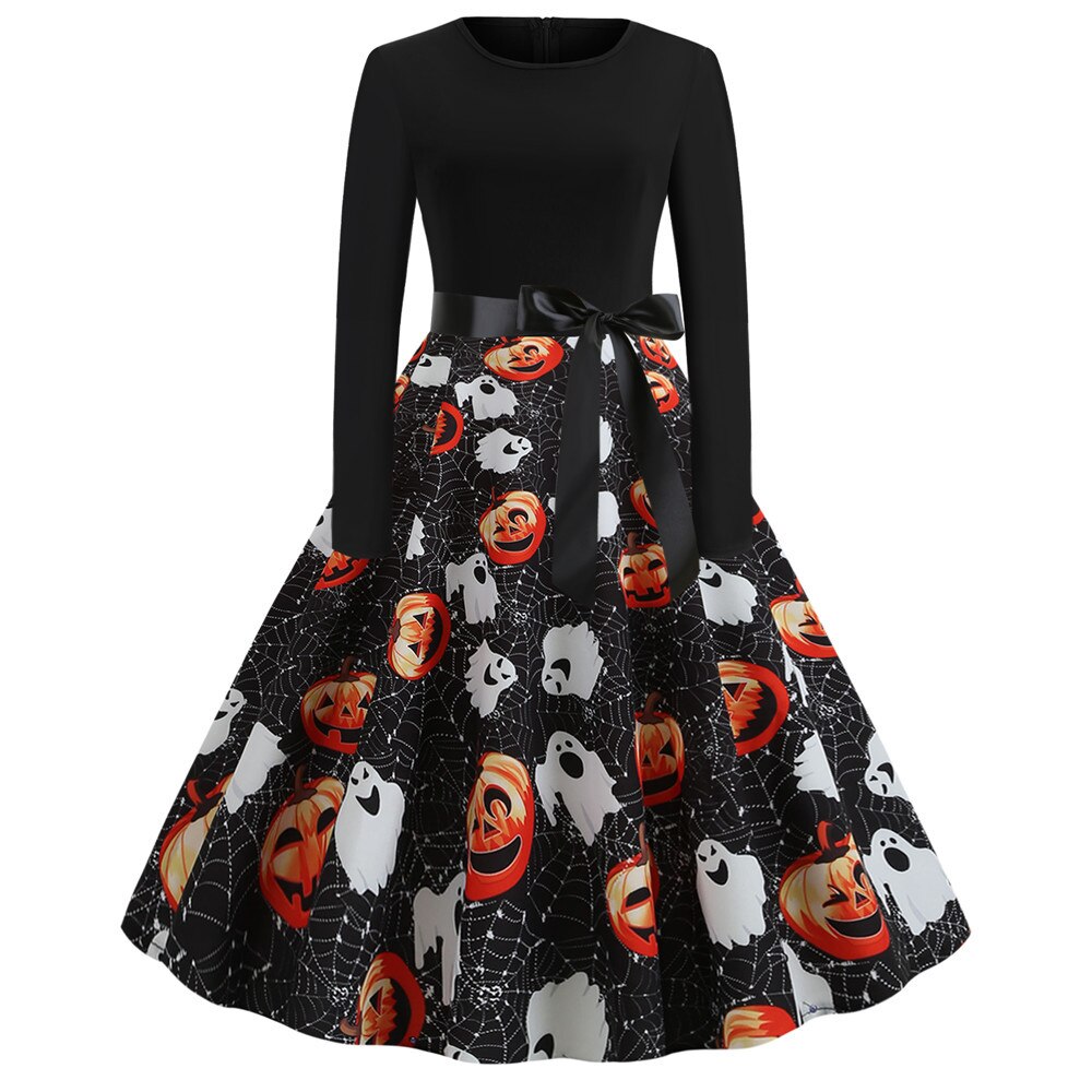 Damen Halloween-Kleid mit Print | Langarm & Ausgestellter Schnitt