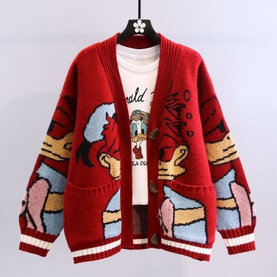 Geknöpfte Strickjacke mit Cartoon-Entendesign für Frauen