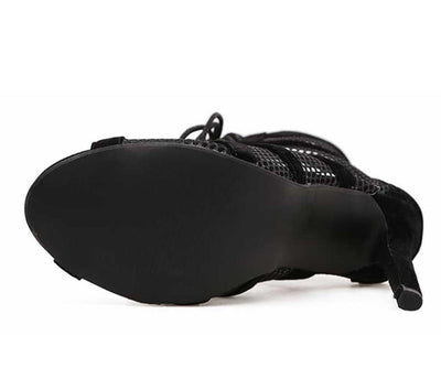 Heidi-Mode | Schwarze Schnürung Peep Toe Netz High Heel Knöchel Stiefel