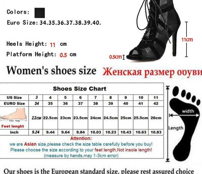 Heidi-Mode | Schwarze Schnürung Peep Toe Netz High Heel Knöchel Stiefel