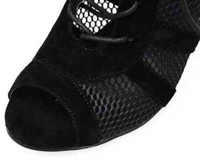 Heidi-Mode | Schwarze Schnürung Peep Toe Netz High Heel Knöchel Stiefel