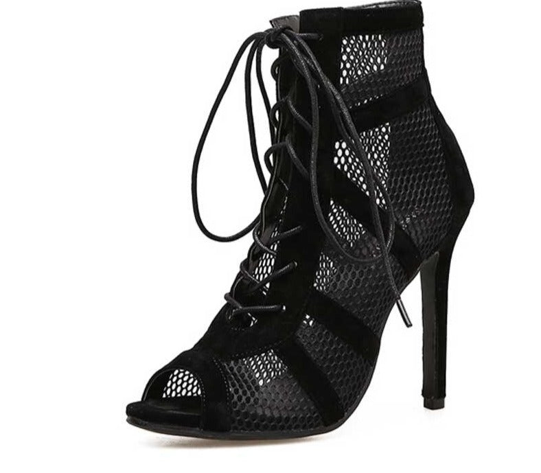 Heidi-Mode | Schwarze Schnürung Peep Toe Netz High Heel Knöchel Stiefel