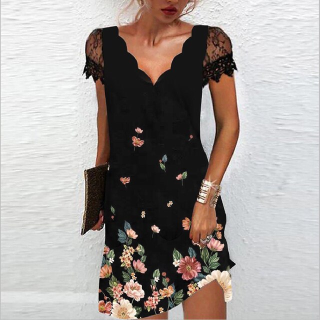Kurzarm V-Ausschnitt Kleid mit Schnürung für Damen