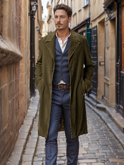 Eleganter Mid-Lang Herren Trenchcoat aus Cord mit Ein-Knopf-Verschluss
