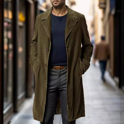 Eleganter Mid-Lang Herren Trenchcoat aus Cord mit Ein-Knopf-Verschluss