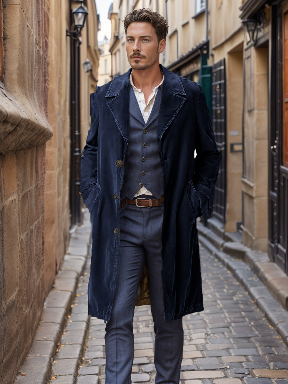 Eleganter Mid-Lang Herren Trenchcoat aus Cord mit Ein-Knopf-Verschluss