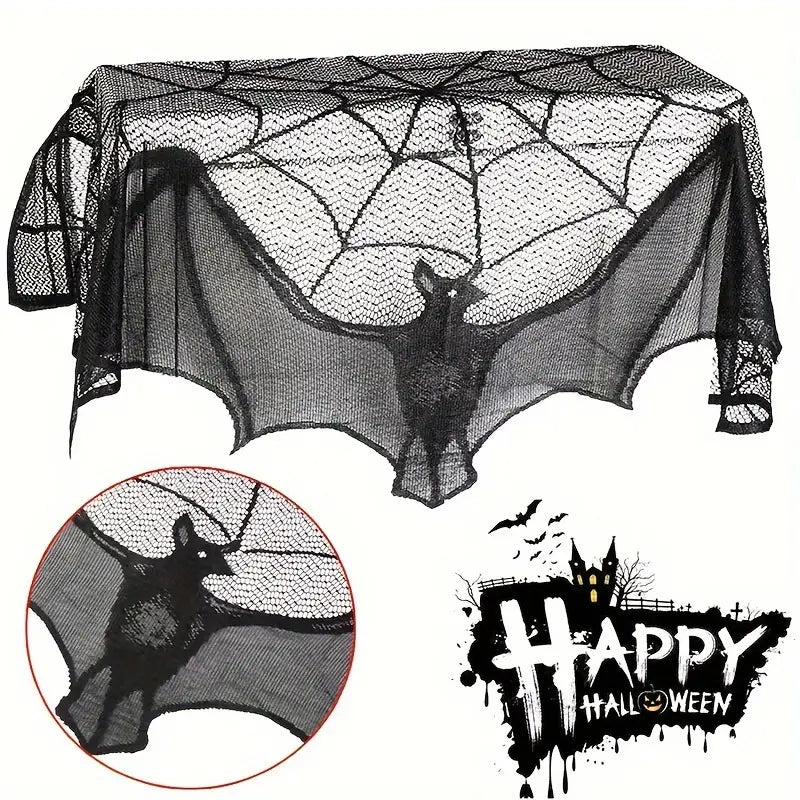 GothicLace Halloween Spitzen-Deko – Schwarzer Überwurf mit Fledermaus & Spinnennetz