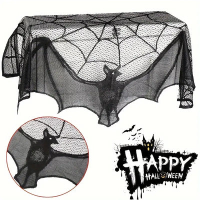 GothicLace Halloween Spitzen-Deko – Schwarzer Überwurf mit Fledermaus & Spinnennetz