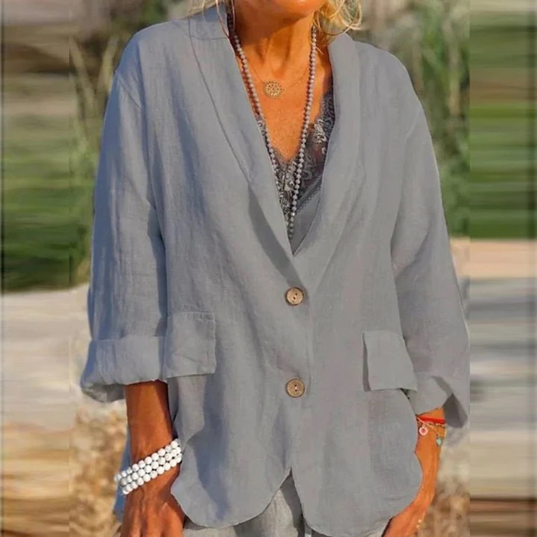 Damen Sommer-Leinenblazer mit V-Ausschnitt und Knopf