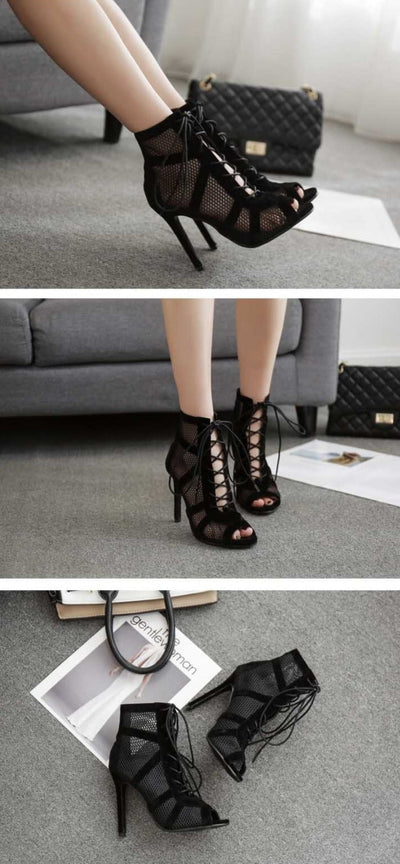 Heidi-Mode | Schwarze Schnürung Peep Toe Netz High Heel Knöchel Stiefel