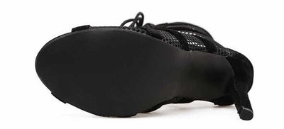 Heidi-Mode | Schwarze Schnürung Peep Toe Netz High Heel Knöchel Stiefel