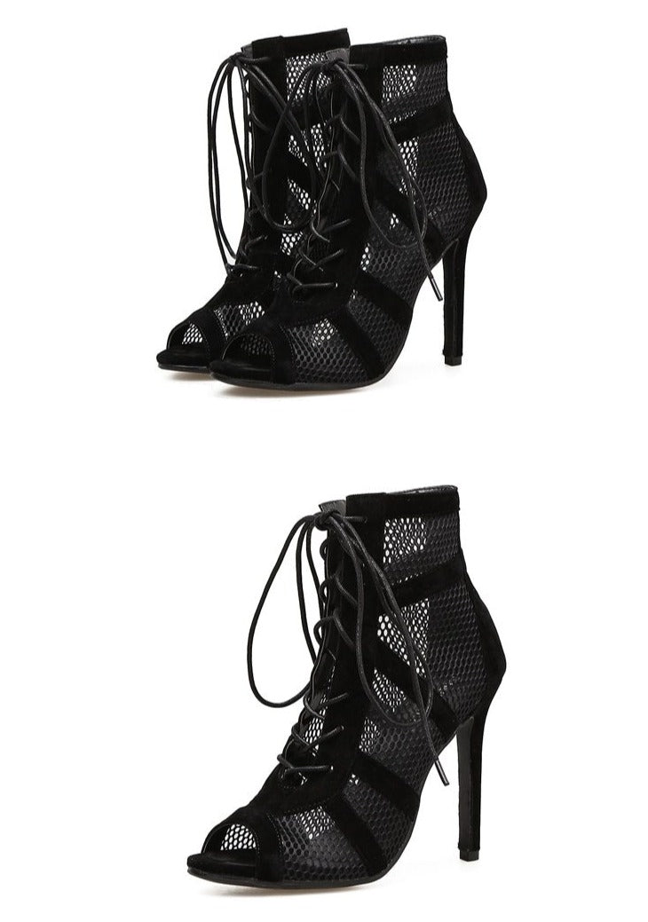 Heidi-Mode | Schwarze Schnürung Peep Toe Netz High Heel Knöchel Stiefel