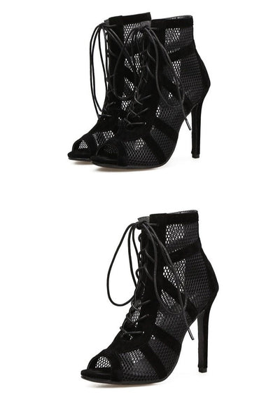 Heidi-Mode | Schwarze Schnürung Peep Toe Netz High Heel Knöchel Stiefel
