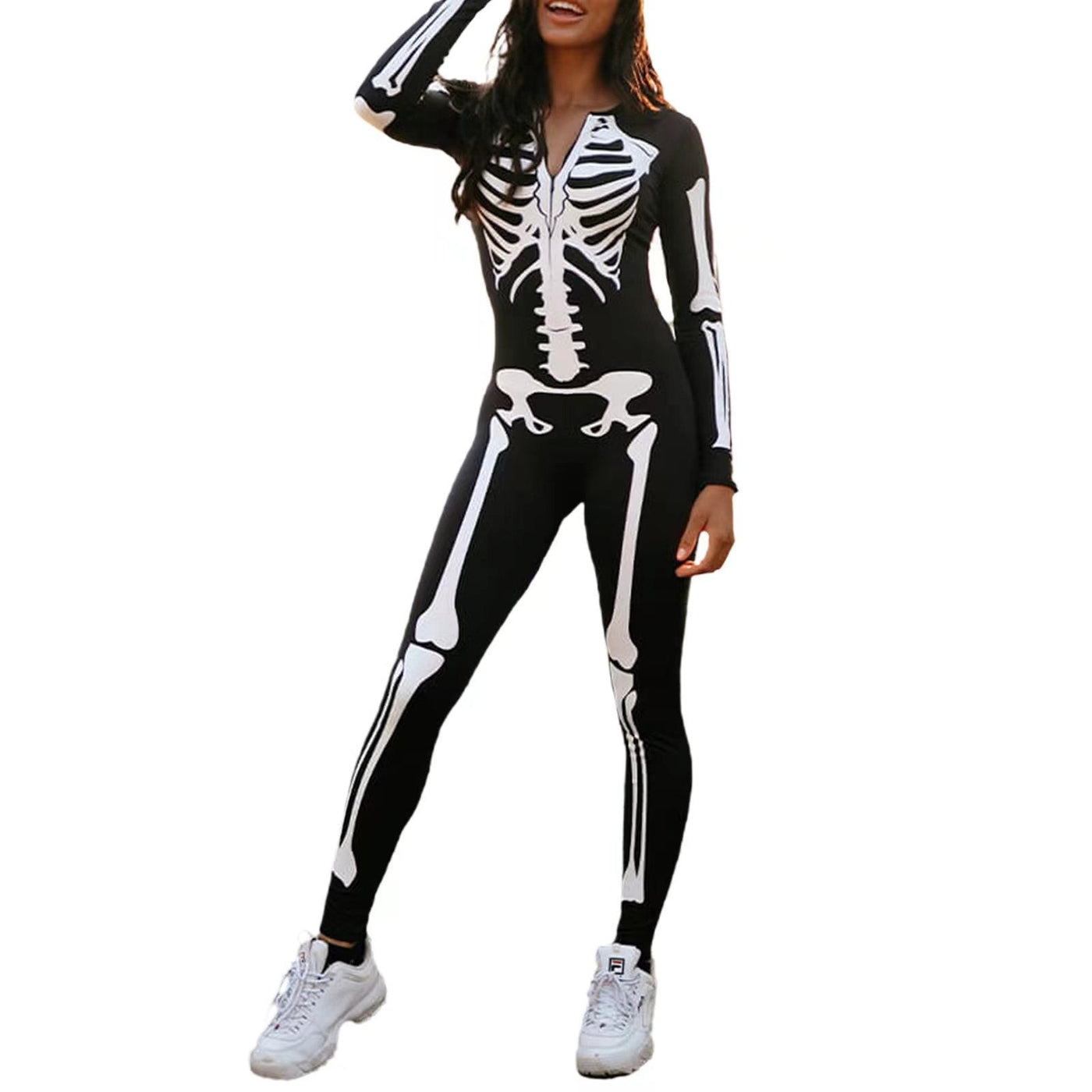 Damen Skelett Halloween-Kostüm Jumpsuit | Einteiler mit Langarm