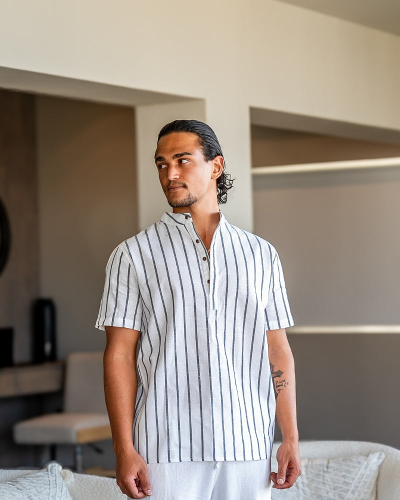 Charles | Gestreiftes Herren-Sommer Leinenhemd mit Stehkragen