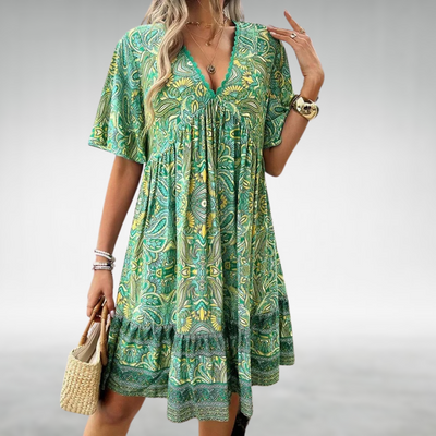 Kurzkleid im Boho-Stil mit V-Ausschnitt und Ethno-Muster