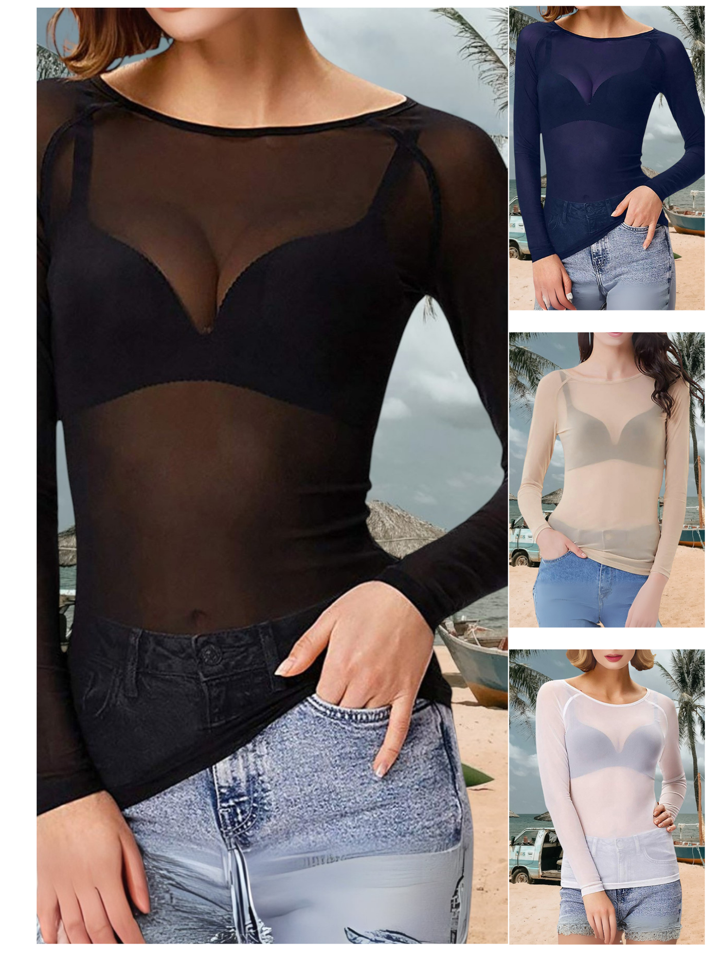 Melinda | Hochglänzendes Netzhemd Herren mit langen Ärmeln in Schwarz, Blau, Weiß und Creme