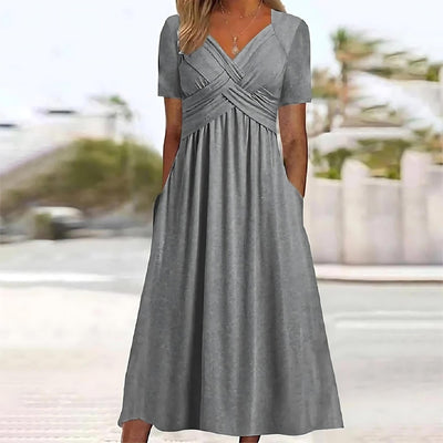 Kurzarm-V-Ausschnitt Midikleid für Damen
