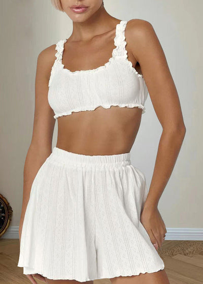 Lounge-Set aus Baumwollmischung mit Rüschen für Damen – Oberteil und Rock – entspannte Passform