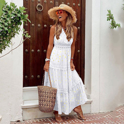 Isabelle – Boho Maxikleid mit Spitzen- und Stufendesign