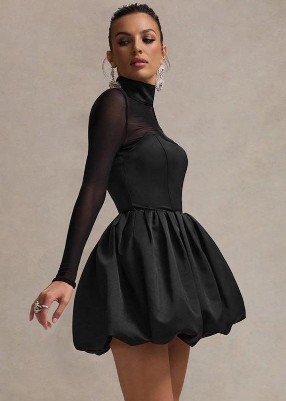 Damen Mini-Kleid aus Satin mit Puffrock und V-Ausschnitt