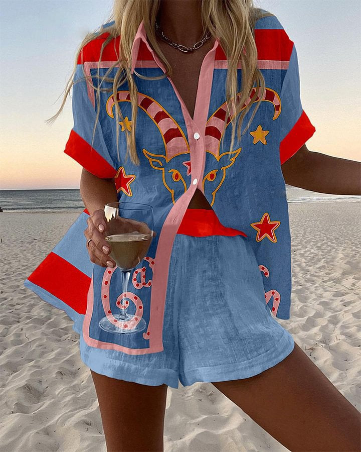 Jorelle – Kurzer Leinenanzug mit Ziegenprint