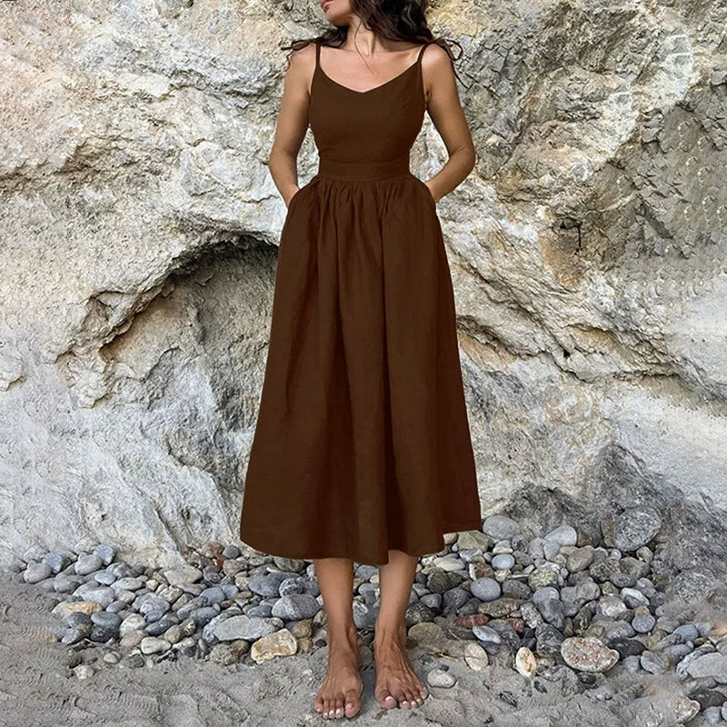 Heidi-Mode | Damen Leinen Maxi Kleid Rückenfrei