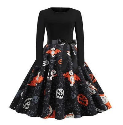 Damen Halloween-Kleid mit Print | Langarm & Ausgestellter Schnitt