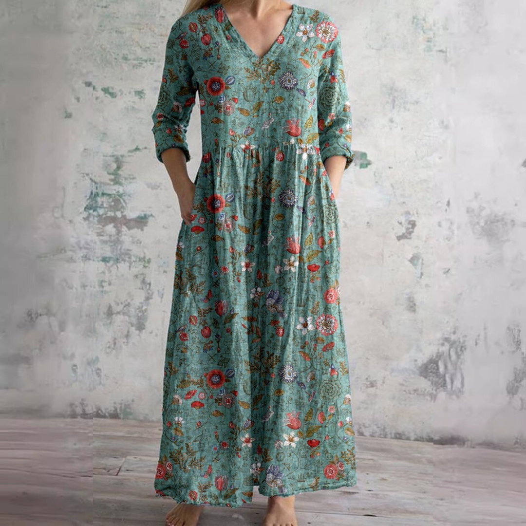 Damen Sommer-Maxikleid mit Blumenmuster und V-Ausschnitt