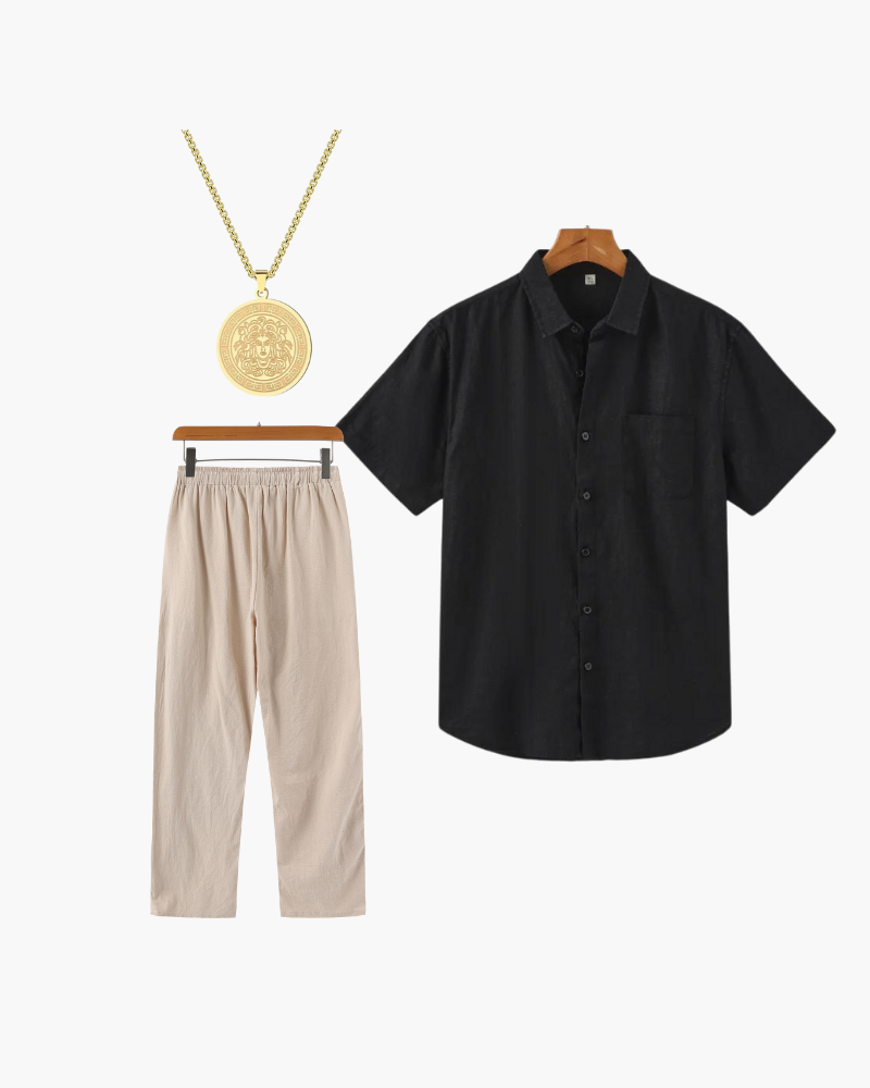 Adam | 3-teiliges Sommer-Outfit mit Kurzarmhemd, Leinenhose & Goldkette