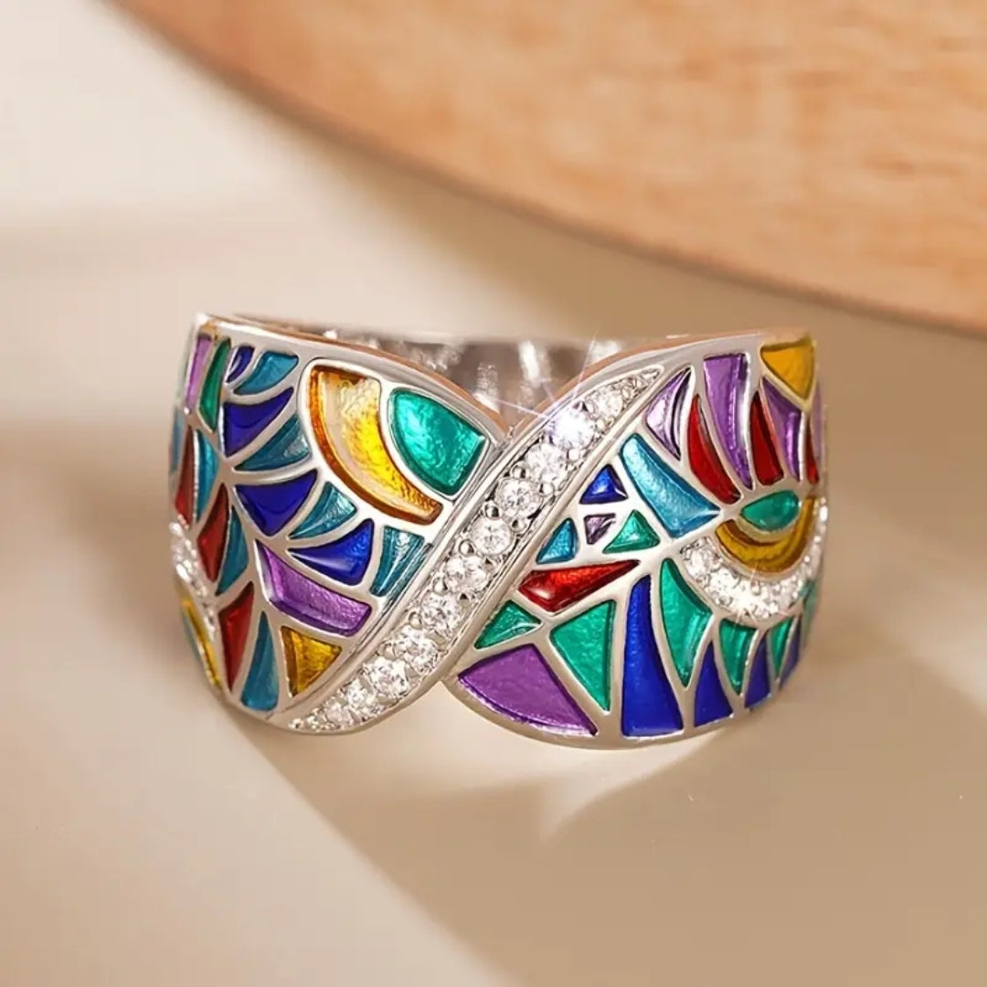 Mehrfarbiger Emaille-Ring in Vintage-Silber