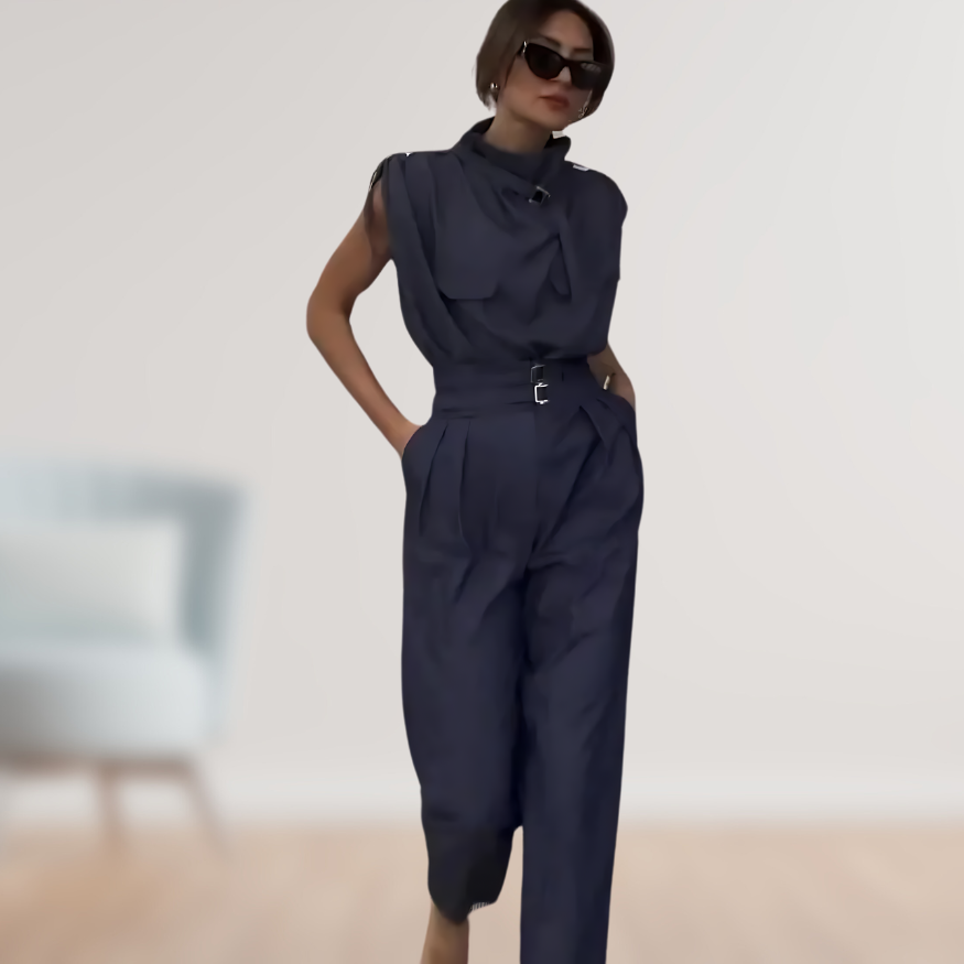 Damen Sommer Hohem Kragen Ärmelloser Jumpsuit mit Schnalle