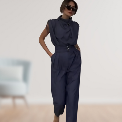 Damen Sommer Hohem Kragen Ärmelloser Jumpsuit mit Schnalle