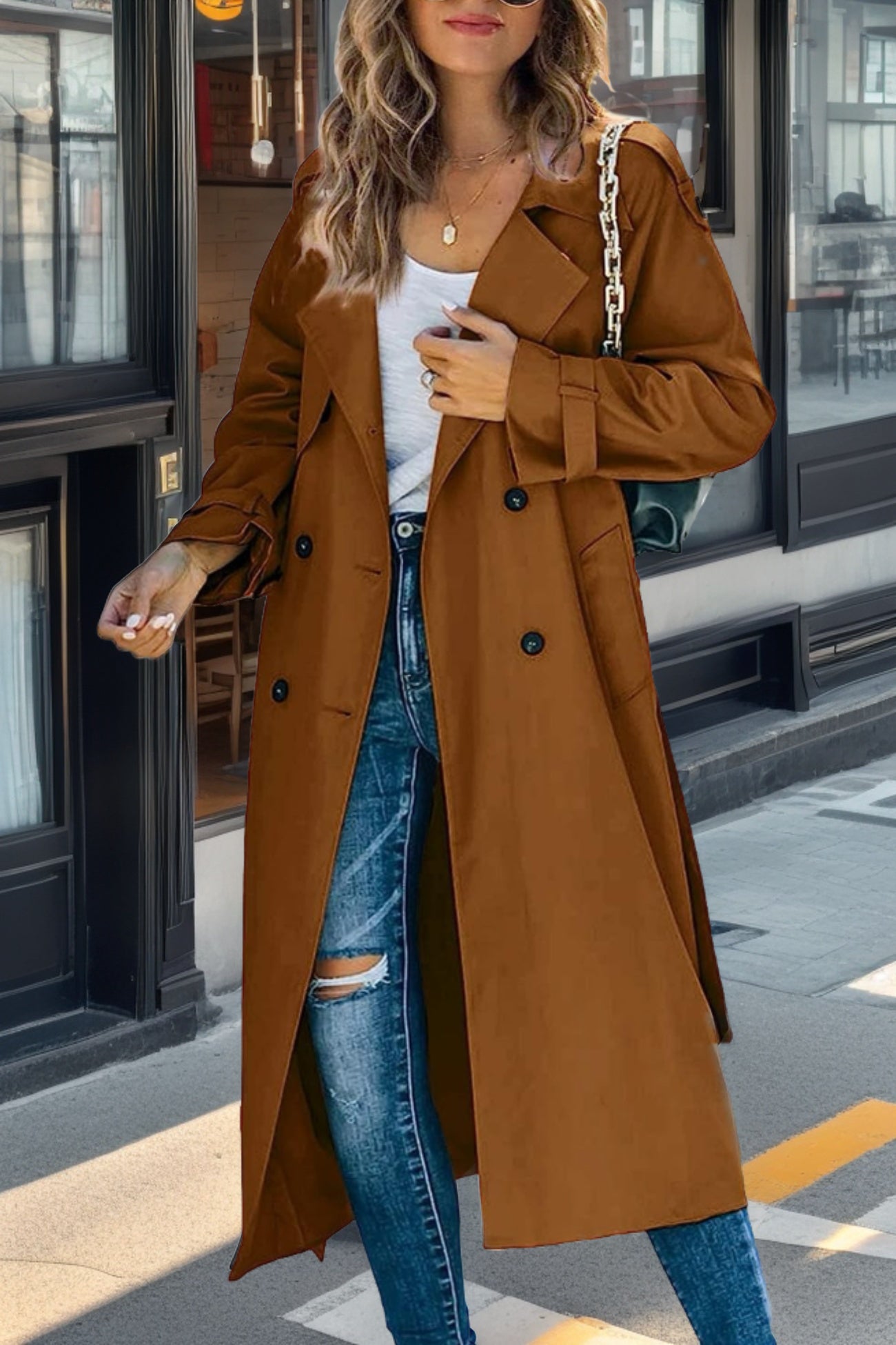 Langer Damen Trenchcoat – Zweireiher, Tailliert & Atmungsaktiv – Elegant