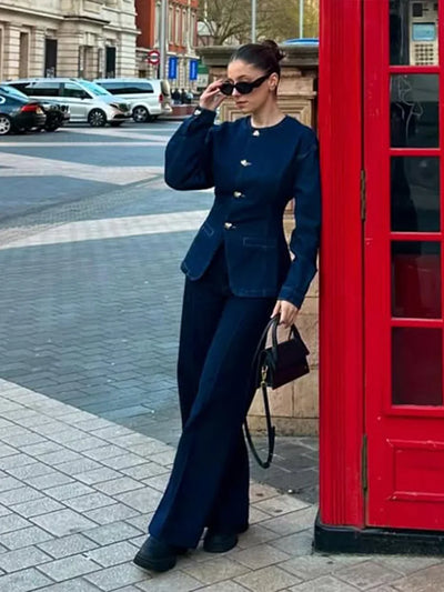 Damen-Denim-Set – Elegantes Tailliertes Jeansjacke & High-Waist Wide-Leg Hose