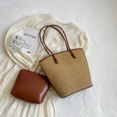 Strohtasche Damen – Handgefertigte Strandtasche mit Ledergriffen & Reißverschluss