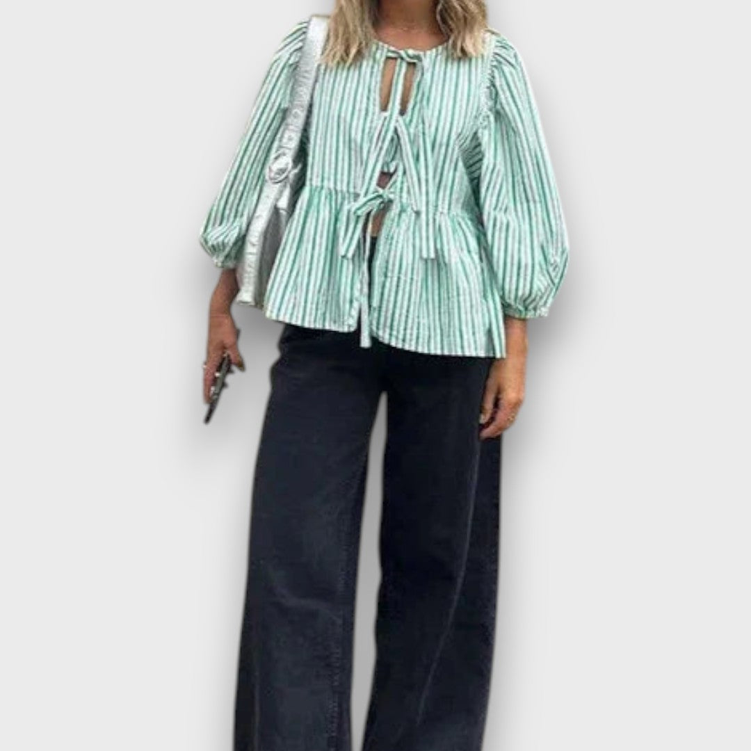 Celina – Gestreifte Bluse mit Schleifen und Volumenärmeln