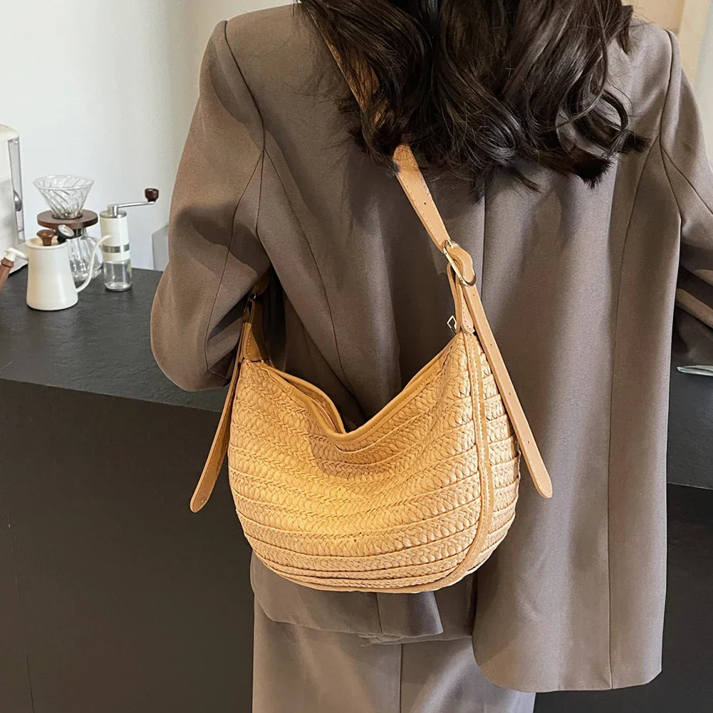 Damen Strohtasche Sommer – Handgemachte Boho Strandtasche mit Reißverschluss