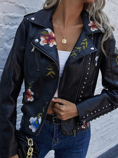 Heidi-Mode - Stilvolle und Bequeme Schwarze Lederjacke mit Bestickten Blumen für Frauen