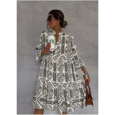 Adeline | Bedrucktes V-Ausschnitt A-Linien Rock Kleid