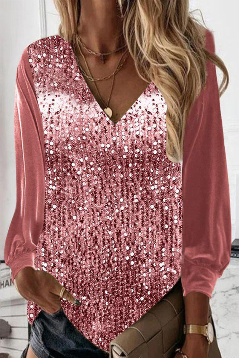 Sara | Paillettenbluse mit langen Ärmeln und V Ausschnitt