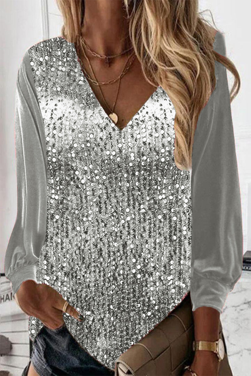Sara | Paillettenbluse mit langen Ärmeln und V Ausschnitt