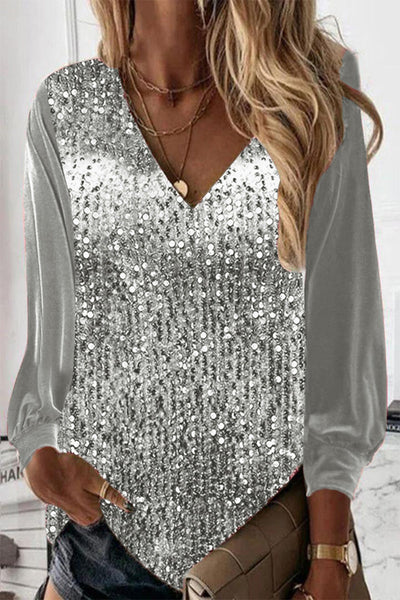 Sara | Paillettenbluse mit langen Ärmeln und V Ausschnitt