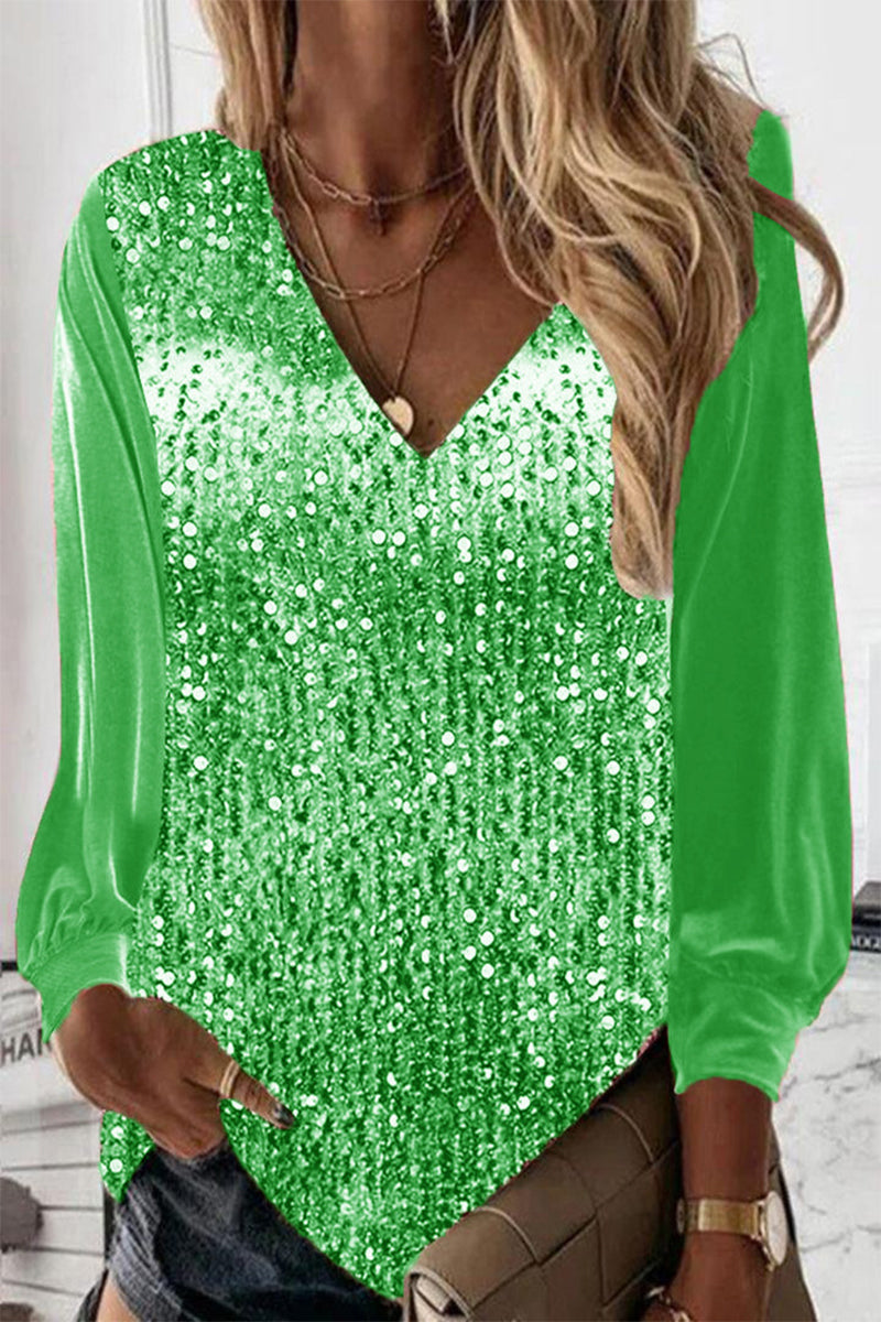 Sara | Paillettenbluse mit langen Ärmeln und V Ausschnitt